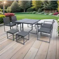 Hokku Designs 9 Pieces Patio Dining Sets with Rattan Chairs and Glass Table Top