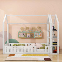 Harper Orchard Abena Wood House Bed with Fence and Detachable Storage Shelves