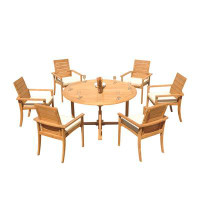 Teak Smith Grade-A Teak Dining Set: 60" Round Table And 6 Algrave Stacking Arm Chairs