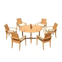 Teak Smith Grade-A Teak Dining Set: 60" Round Table And 6 Algrave Stacking Arm Chairs