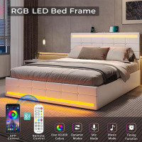 Ivy Bronx Queen Bed Frame With 4 Drawers, Led Bed Frame With 2 Usb Charging Station, Pu Leather Platform Bed Frame Queen