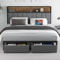 17 Stories Queen Size , Drawers Platform Bed Frame with Storage Chargin Station LED Light