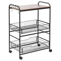 ROLLING KITCHEN CART, 3-TIER UTILITY STORAGE CART WITH 2 BASKET DRAWERS &amp; SIDE HOOKS, LOCKABLE CASTERS FOR DINING RO