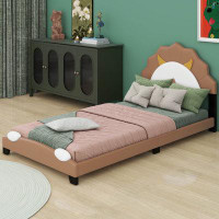Latitude Run® Twin Size Upholstered Leather Platform Bed With Lion-Shaped Headboard
