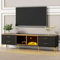 Mercer41 LED TV Stand with Marble-veined Table Top, Golden Legs & Handles