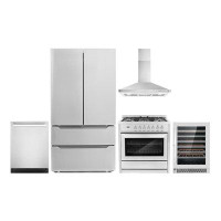 Cosmo 5 Piece Kitchen Package With 36" Freestanding Dual Fuel Range  36" Wall Mount Range Hood 24" Built-in Fully Integr