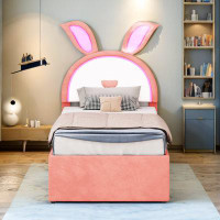 Zoomie Kids Alphonzo Upholstered Platform Bed with Rabbit-shaped LED Headboard and Trundle, Three Drawers