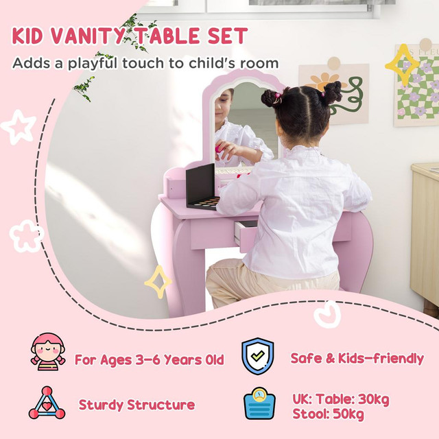 Kids Dressing Table Set 21.7" x 13.5" x 33.9" Pink in Toys & Games - Image 4