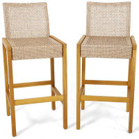 Ebern Designs Ebern Designs Wicker Bar Stools Set Of 2 Patio Chairs W/ Solid Wood Frame Ergonomic Footrest Light Brown
