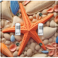WorldAcc Metal Light Switch Plate Outlet Cover (Ocean Orange Sea Shell Star Fish - Double Toggle)