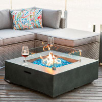 17 Stories Outdoor Propane Square Fire Pit Table, Celadon Faux Stone 35-Inch Planter Base, 50,000 BTU Stainless Steel Bu