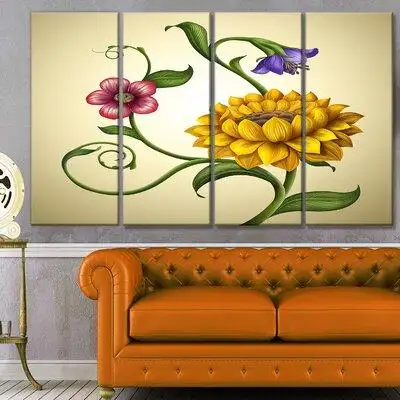 Made in Canada - Design Art 'Flowers and Leaves Illustration' Graphic Art Print Multi-Piece Image on Canvas