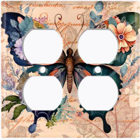 WorldAcc Metal Light Switch Plate Outlet Cover (Colourful Butterfly Flowers Damask Letter - Double Duplex)