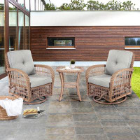 Bay Isle Home™ 3 Pieces Outdoor Wicker Swive Rocking Chair Set With 2 Rattan Chairs And Glass Table For Backyard