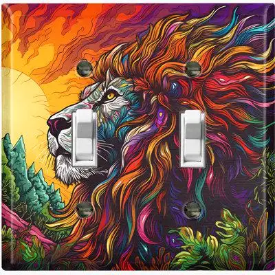 WorldAcc Metal Light Switch Plate Outlet Cover (Elegant Lion Colorful Sun Sky - Double Toggle)