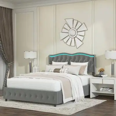House of Hampton Platform Bed Frame, Velvet Upholstered Bed With Deep Tufted Buttons And Nailhead Trim
