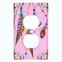 WorldAcc Metal Light Switch Plate Outlet Cover (Colourful Feather Dream Catcher Pink  - Single Duplex)