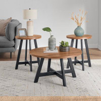 17 Stories 3-piece Industrial Round Coffee Table Set with Side Tables (Walnut)