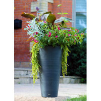 Ebern Designs Taio 28" Tall Ribbed Pot Planter with Elevated Plant Shelf