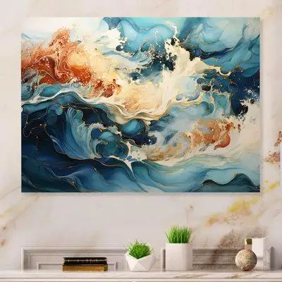 Ivy Bronx Liquid Blue And Gold Ocean Storm I - Abstract Shapes Metal Wall Decor