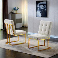 Everly Quinn Modern Linen Dining Chair Set Of 2, Tufted Design And Gold Finish Stainless Base