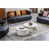 Wenty Modern Nesting MDF Coffee Table Set Of 2, Round White End Table, Sintered Stone Appearance With Gold Finish Metal