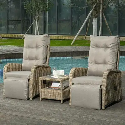 3pc Premium PE Rattan Wicker Aluminum Recliner Lounge Chairs Patio Set w Cushions, Khaki Beige