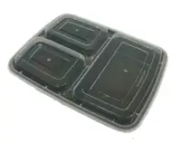 Black 32 oz 9'' x 7'' x 2'' 3 Compartment Rectangular Microwaveable Take Out Containers with Lids (50/CS)