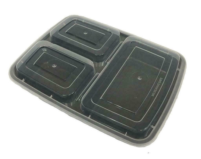 Black 32 oz 9'' x 7'' x 2'' 3 Compartment Rectangular Microwaveable Take Out Containers with Lids (50/CS) in Other