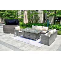 Winston Porter Acolasia Gas Fire Pit Dining Table With Corner Sofa Set,  2 Storage Boxes