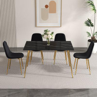 Mercer41 Modern Minimalist Rectangular Black Imitation Marble Dining Table, 0.3 Inches Thick, Gold Color Metal Legs