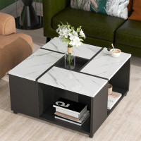 Wrought Studio Modern 2-Layer Coffee Table With Casters, Square Cocktail Table With Removable Tray,UV High-Gloss Marble