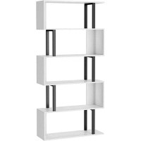 Latitude Run® Latitude Run® 5 Tier Geometric Bookcase, Black And White Book Shelves, Modern Corner Bookcase Storage Shel