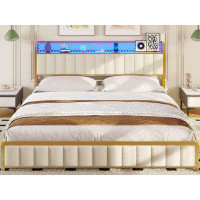 Mercer41 King Size Bed Frame With Led Lights Headboard, Upholstered Platform Bed King With Outlets & Usb Ports, Led Bed
