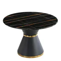Mercer41 Black Marble Printed MDF Round Dining Table, Black Columnar Base With Gold Annulus