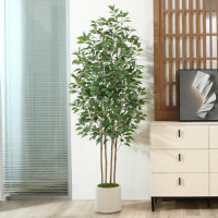 Primrue Adcock Faux Ficus Tree in Pot with White Planter, Faux Green Ficus Plant, Fake Tree for Home Decor