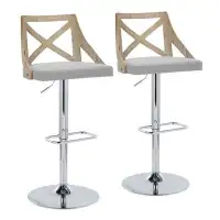 LumiSource Charlotte Farmhouse Adjustable Height Barstool With Swivel In Chrome Metal, Light Grey Wood, Grey Fabric And