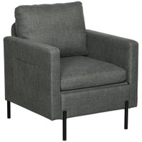 ARMCHAIR, FABRIC ACCENT CHAIR, MODERN LIVING ROOM CHAIR WITH METAL LEGS, 2 SIDE POCKETS FOR BEDROOM, GREY