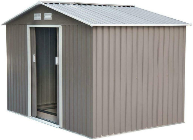 9x6.3 Garden Storage Shed w/ Floor Foundation Outdoor Patio Yard Metal Tool Storage House Grey White Brand New in box in Outdoor Décor in Ontario - Image 2