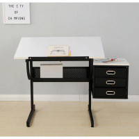 Inbox Zero Adjustable Drafting Drawing Table With Stool And 3 Drawers