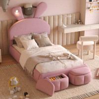 Zoomie Kids Twin Size Upholstered Platform Bed With Cartoon Ears Shaped Headboard And Light