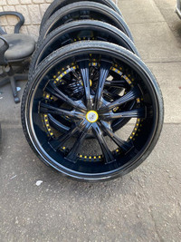 FOUR LIKE NEW 28 INCH LEXANI LUST WHEELS 5x127 MOUNTED WITH 295 / 25 R28 PIRELLI SCORPION TIRES ! GREAT PACKAGE DEAL !
