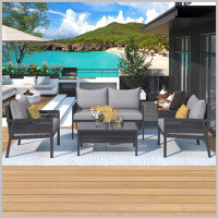 Latitude Run® Modern 4-Piece Rope Patio Furniture Set With Tempered Glass Table