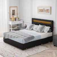 Ivy Bronx Queen Size Bed Frame with LED Lights, USB Charging Station