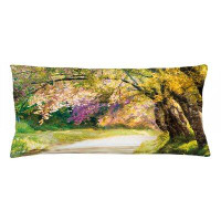 East Urban Home Ambesonne Landscape Throw Pillow Cushion Cover, Blurry Spring Park View With Walkway Colourful Flower Tr