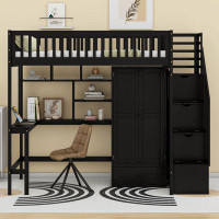 Cosmic Twin Size Loft Bed with Bookshelf, Drawers, Desk and Wardrobe