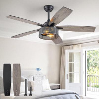 Ivy Bronx Farmhouse Ceiling Fans With Lights And Remote, 52 Inch Black Industrial Caged Ceiling Fans For Bedroom Living