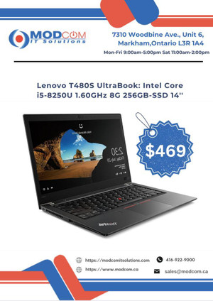 Lenovo T480S UltraBook 14-Inch Laptop OFF Lease For Sale!! Intel Core i5-8250U 1.60GHz 8GB RAM 256GB-SSD Canada Preview
