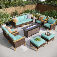 Red Barrel Studio 9-piece Wicker Outdoor Patio Furniture Set, Sectional Patio Set With Cushions, Fire Pit Table
