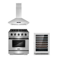 Cosmo 3 Piece Kitchen Package With 30" Freestanding Gas Range With Custom Handle And Knob Kit 30" Island Range Hood 48 B